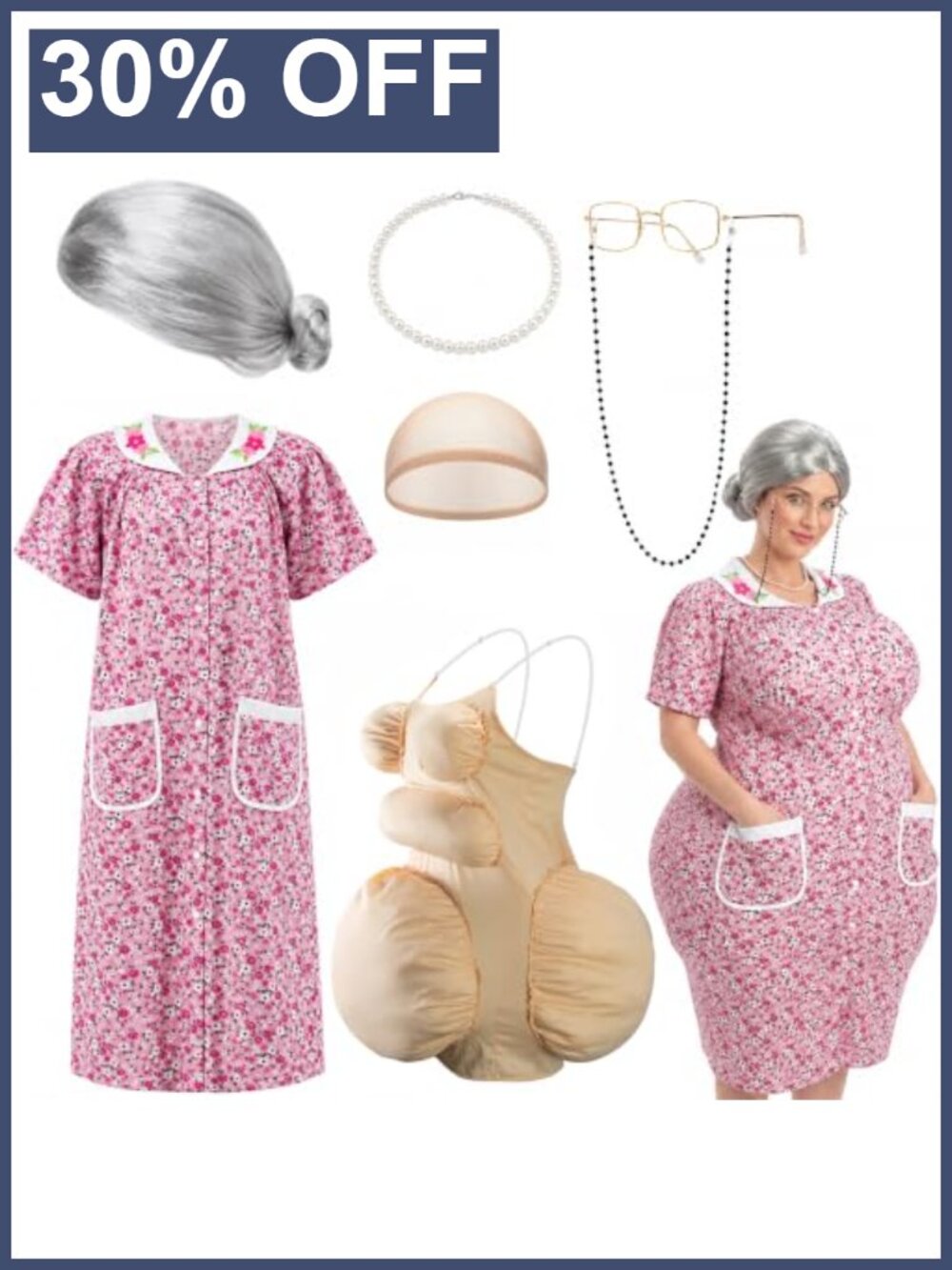 Funny Fat Old Lady Halloween Costume Set 7pcs Grandma Dress with Wig